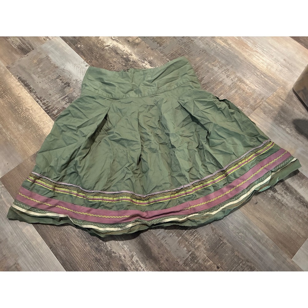 Merona Olive Green Ribbon Trim Pleated A-Line Skirt Women Size 2 Boho Cotton